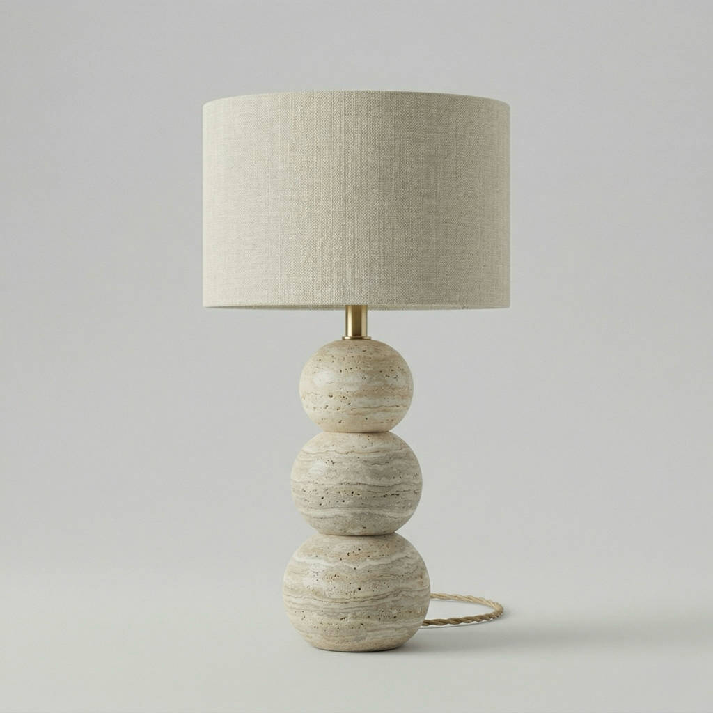 Stacked Travertine Sphere Table Lamp with Brass Accent
