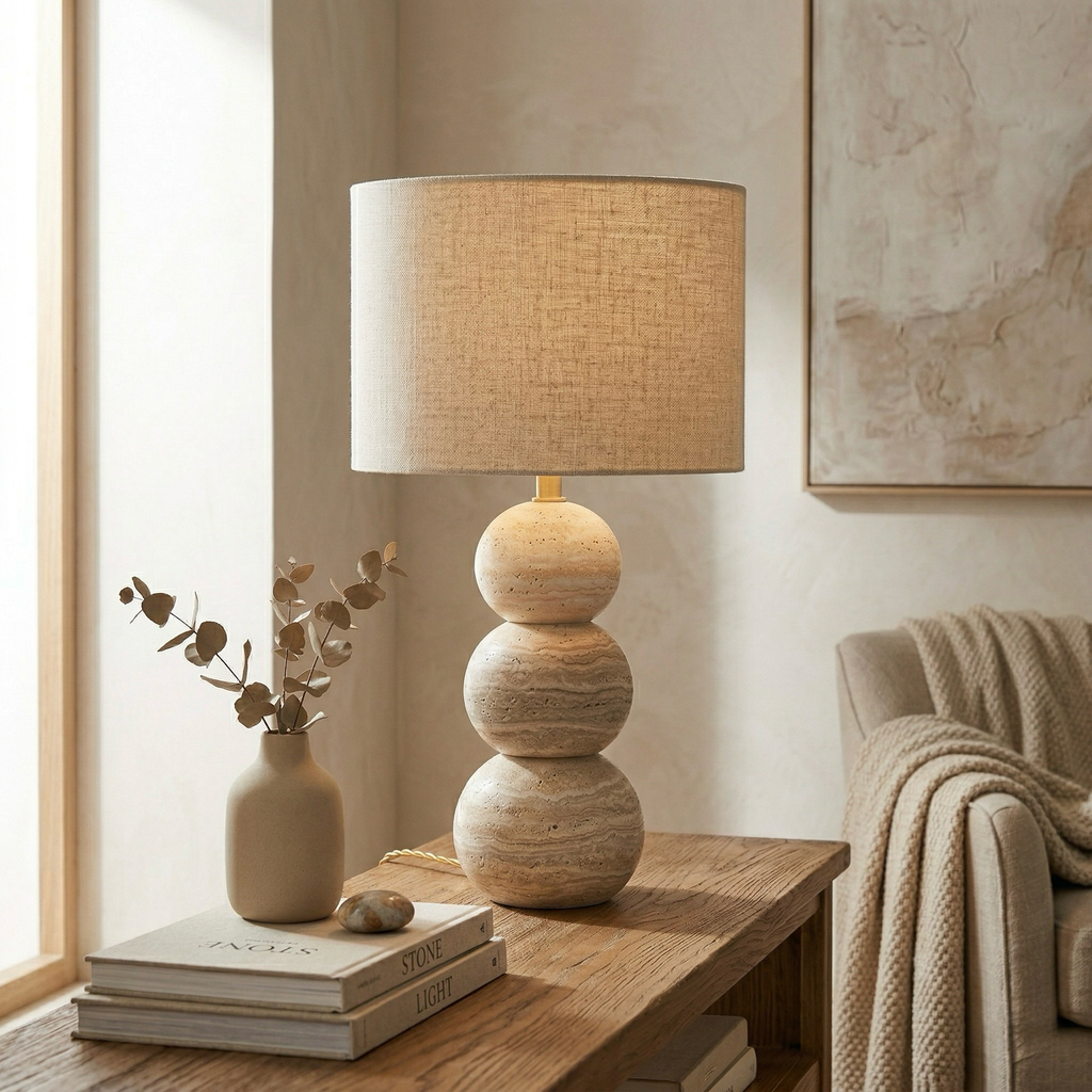 Stacked Travertine Sphere Table Lamp with Brass Accent