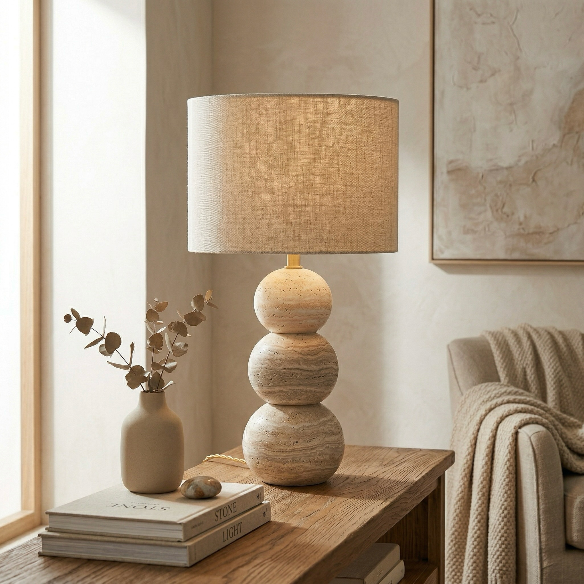 Stacked Travertine Sphere Table Lamp with Brass Accent