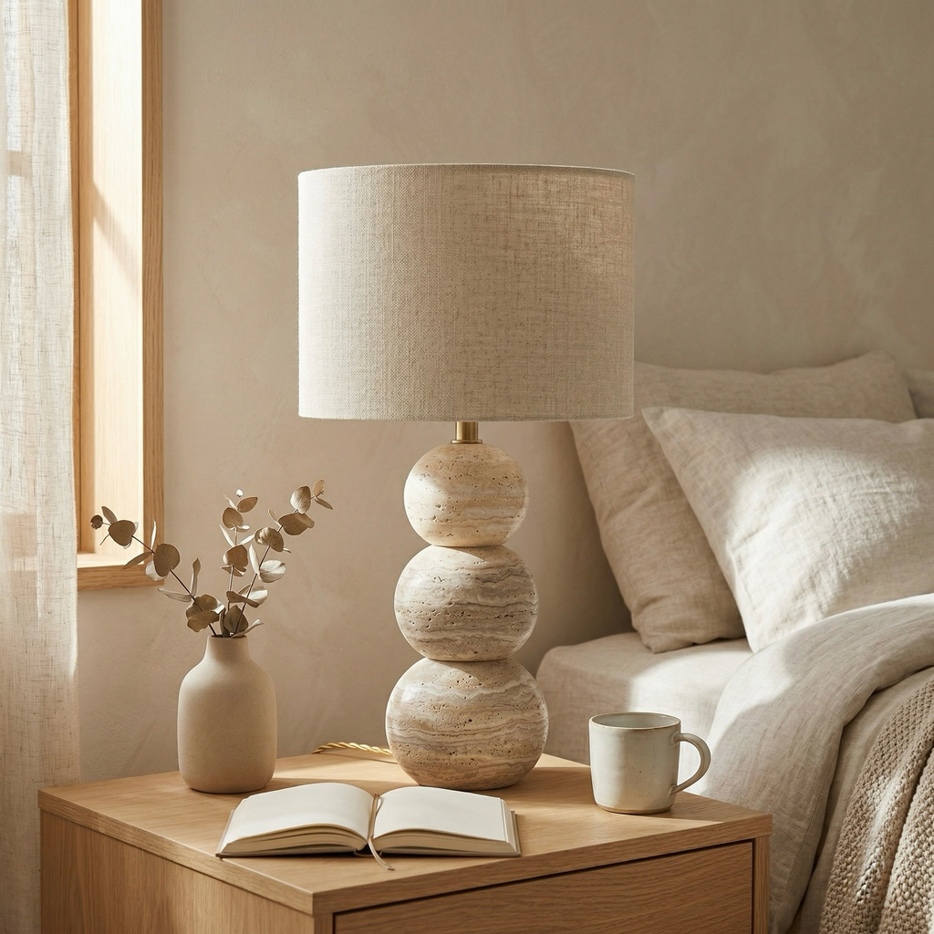 Stacked Travertine Sphere Table Lamp with Brass Accent