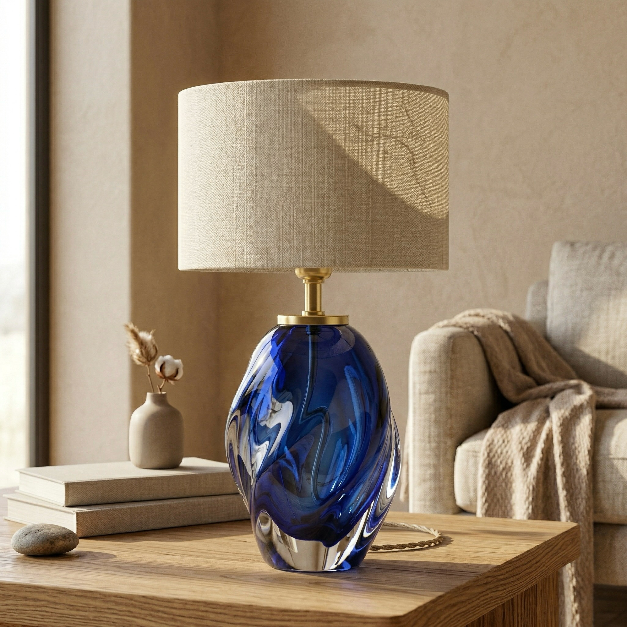 Cobalt Swirl Art Glass Table Lamp
