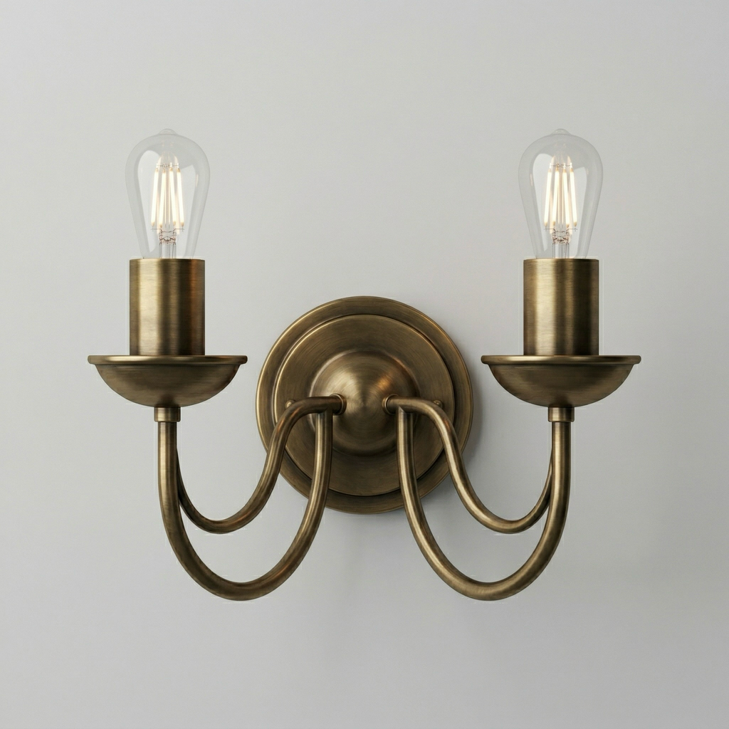 Double Arm Brass Wall Sconce with Exposed Bulbs