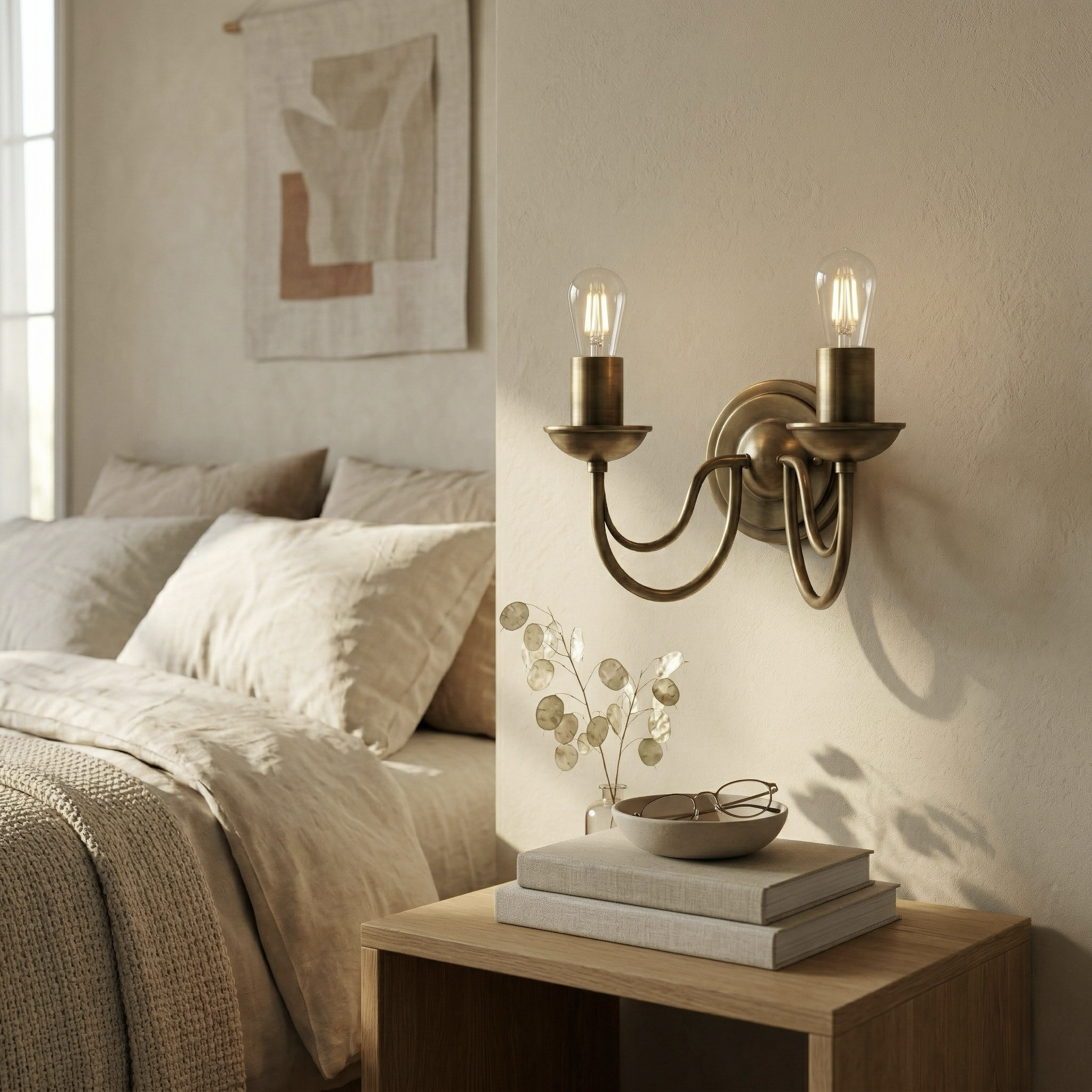 Double Arm Brass Wall Sconce with Exposed Bulbs