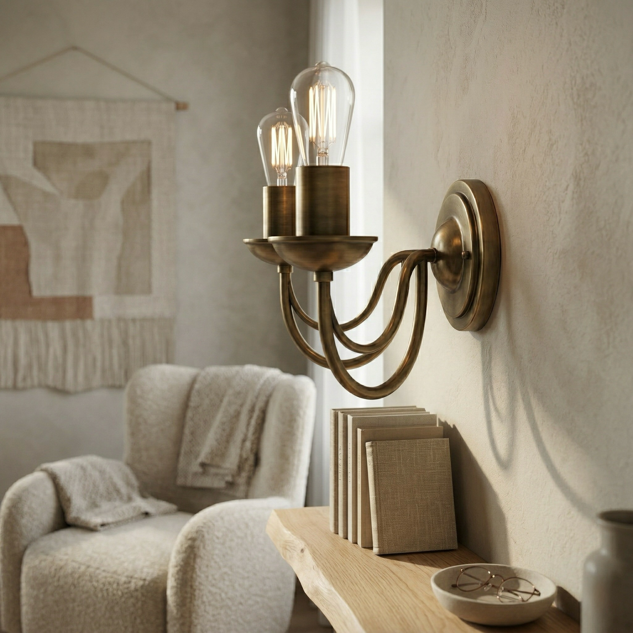 Double Arm Brass Wall Sconce with Exposed Bulbs