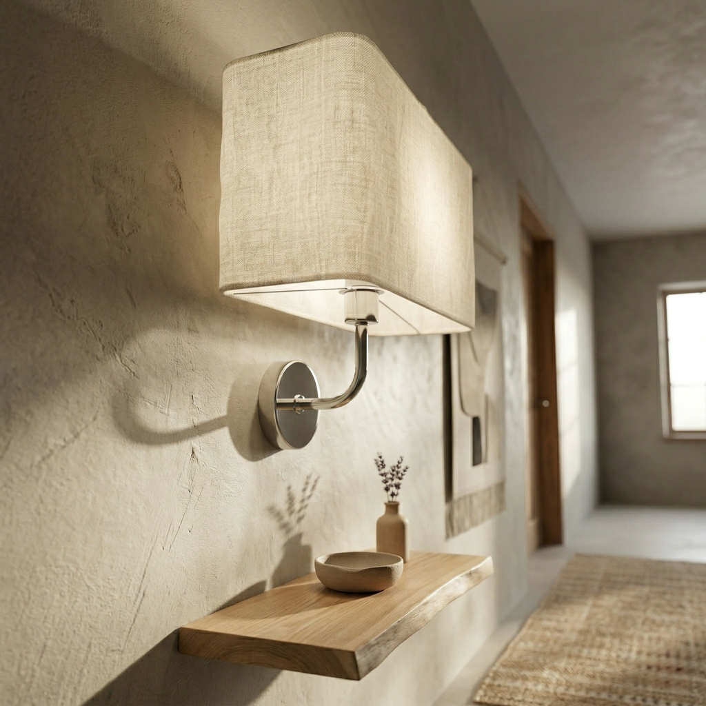 Chrome Wall Sconce with Linen Rectangular Shade