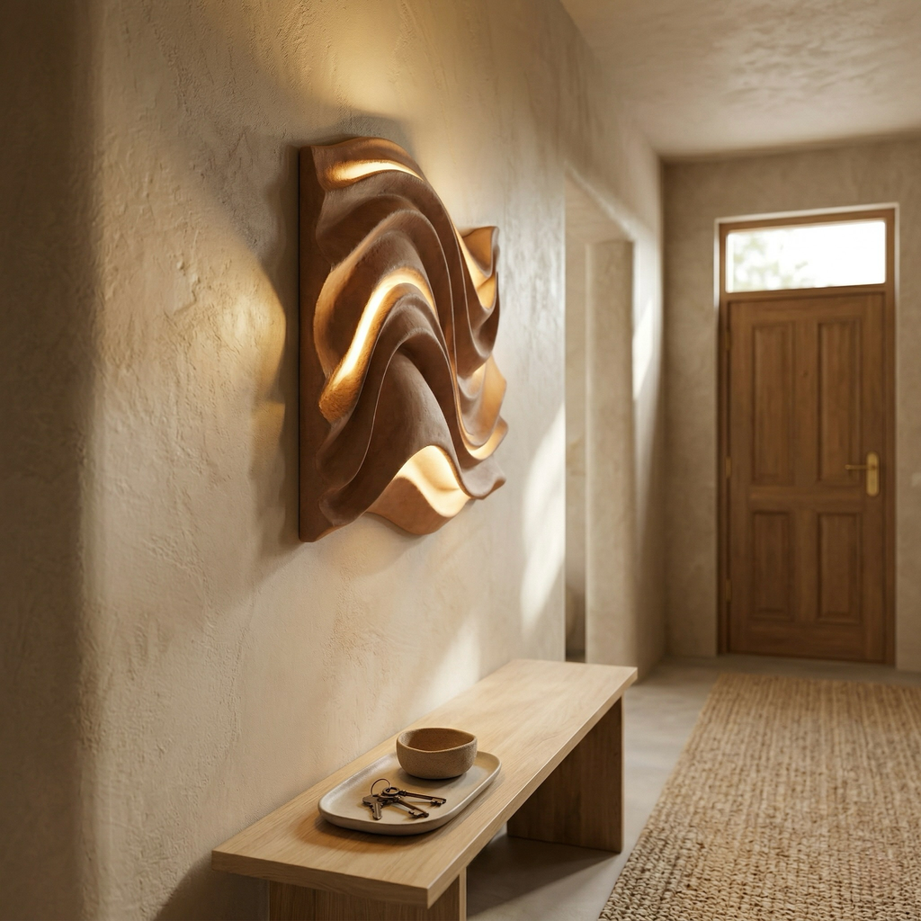 Modern Sculptural Wave Wall Light in Warm Wood Finish