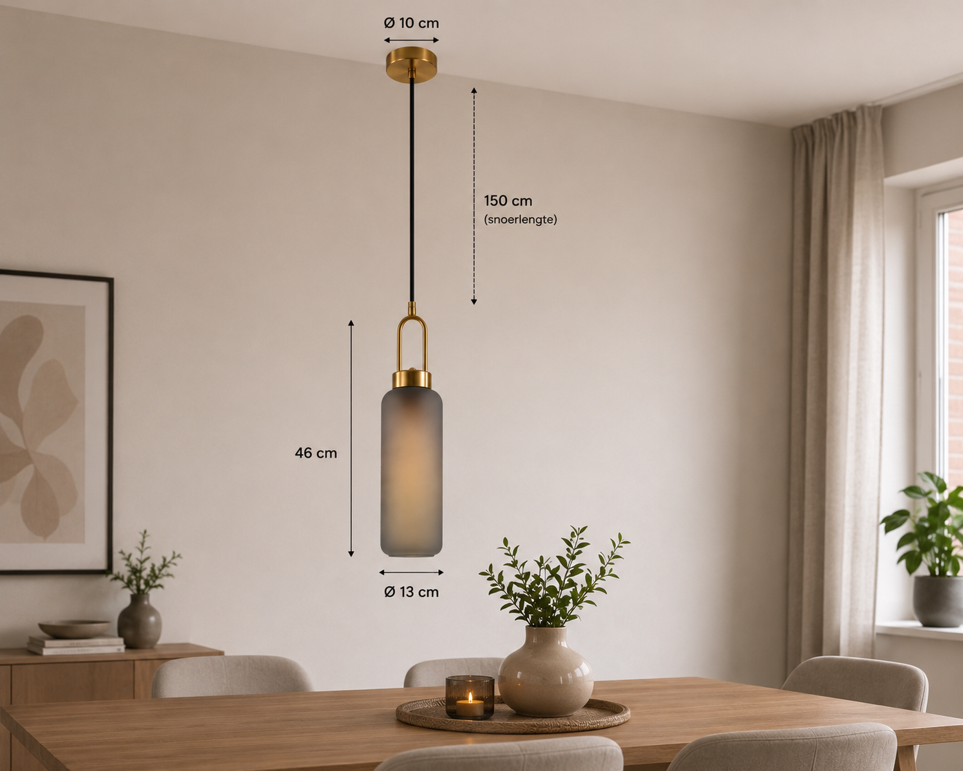 Luton Hanglamp - Messing, Mat Rookglas, Ø13 cm, 150 cm Stoffenkoord