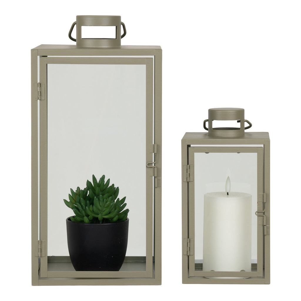 Corfu Lantaarns - Groen, Staal, Glas, 13/19.5x13/19.5x25.5/40 cm - Set van 2