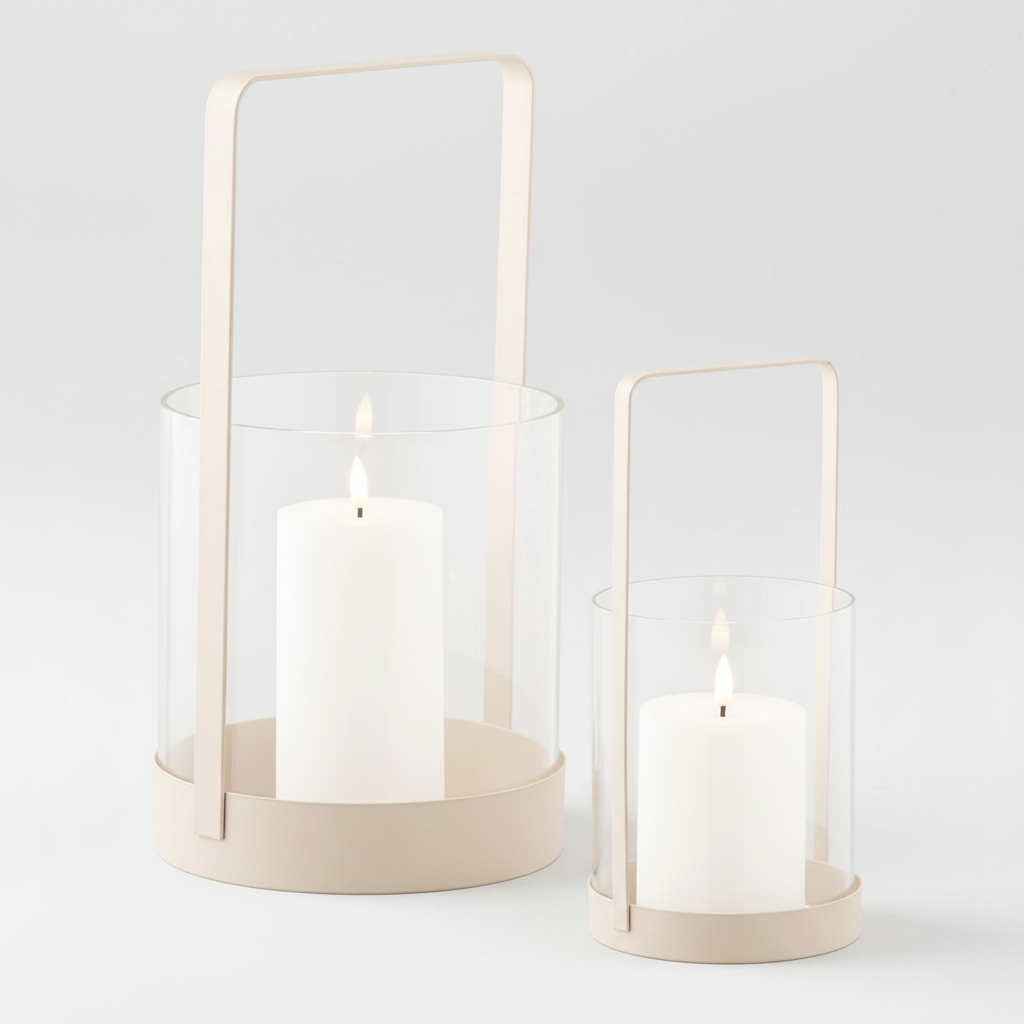 Hurricane kandelaar, glas, metaal, beige, set van 2