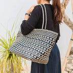 Boho Tote Bag – Zeegras Zomertas – Schouder Strandtas – Geweven Natuurlijke Tas – Grote Boho Boodschappentas KIDUL (zwart)